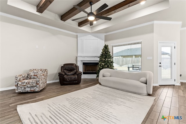 living room featuring beamed ceiling, ceiling fan, and a tray ceiling