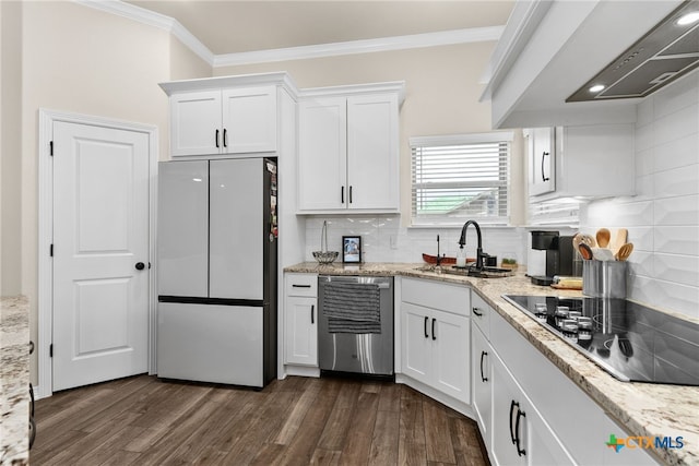 kitchen with white cabinetry, sink, dishwasher, white refrigerator, and black electric stovetop