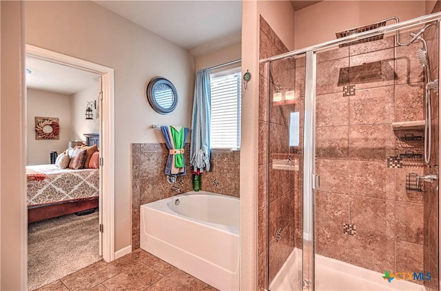 bathroom featuring tile patterned flooring and plus walk in shower