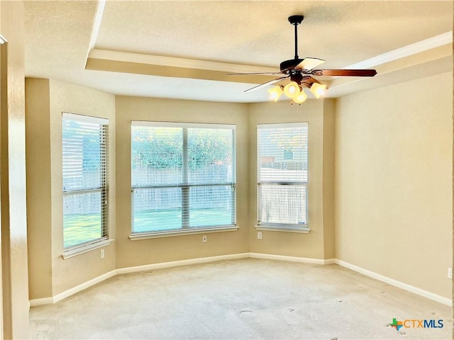 carpeted spare room featuring crown molding, a tray ceiling, and ceiling fan