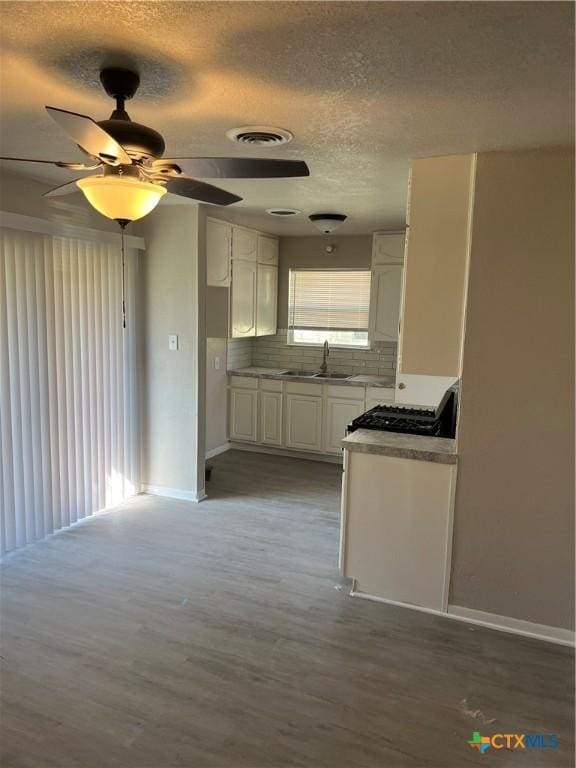 kitchen with a sink, wood finished floors, visible vents, and white cabinets