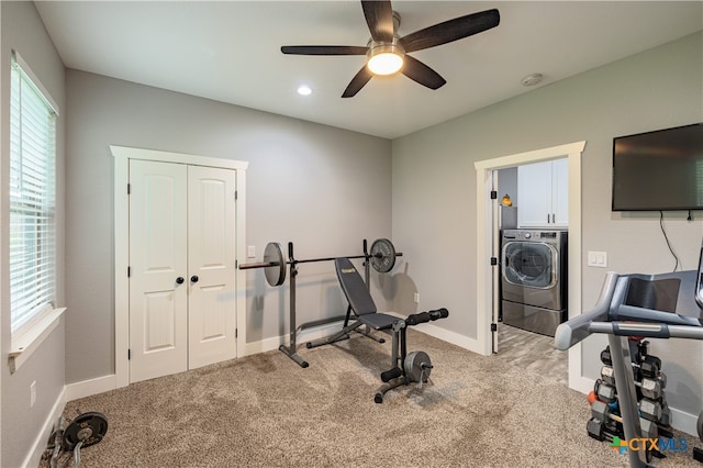 200 Wood Cv, Georgetown, TX 78633 - exercise room with washer / dryer, a ceiling fan, carpet floors, baseboards, and recessed lighting