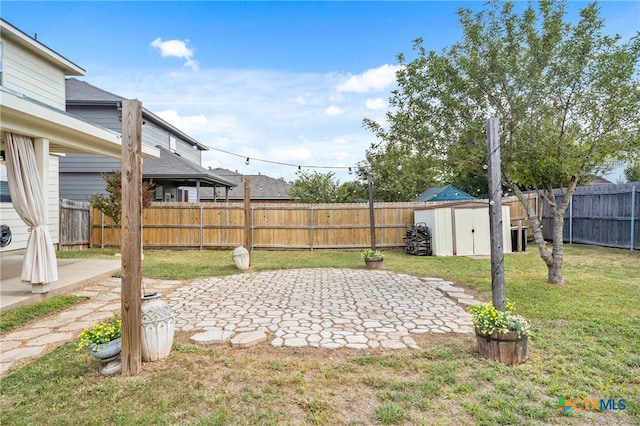 view of yard with a shed and a patio