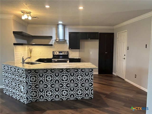 kitchen featuring a sink, crown molding, wall chimney range hood, stainless steel range with electric stovetop, and open shelves