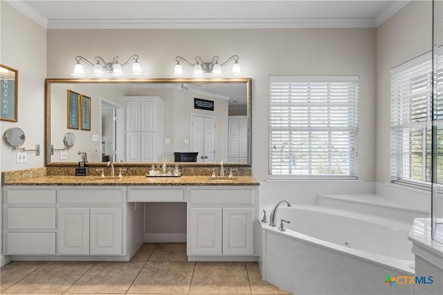 bathroom featuring a sink, a bath, double vanity, ornamental molding, and tile patterned flooring