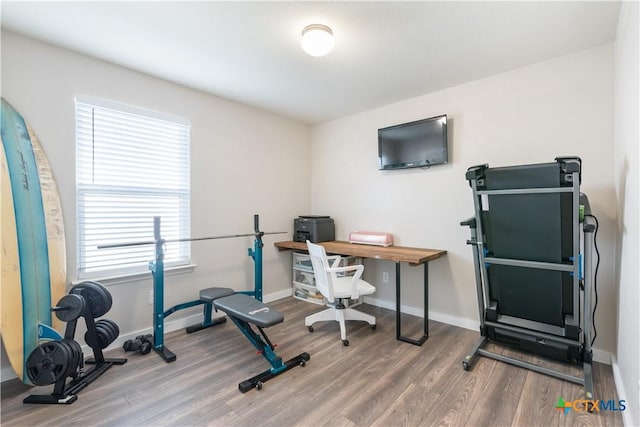 exercise room with hardwood / wood-style flooring