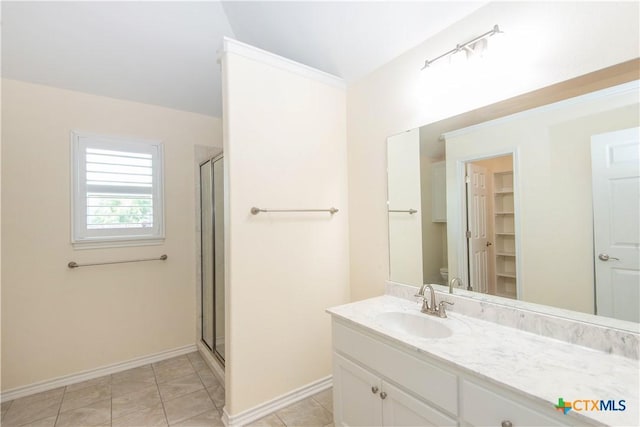 1935 Grandview Dr, Salado, TX 76571 - bathroom featuring vanity, a shower stall, tile patterned floors, and lofted ceiling