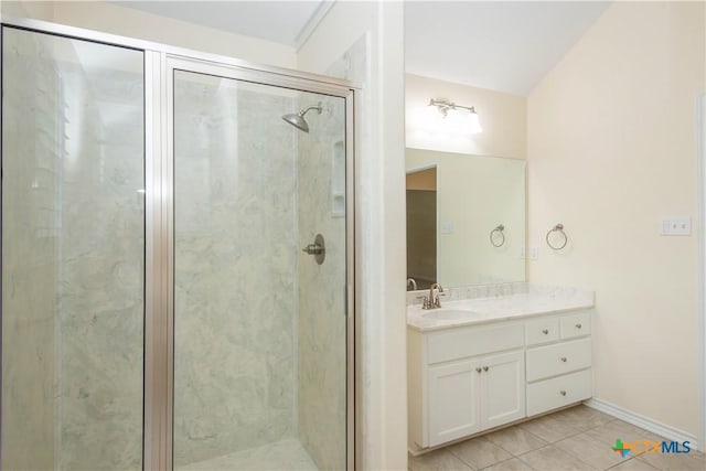 1935 Grandview Dr, Salado, TX 76571 - bathroom with a shower stall, vanity, and tile patterned flooring