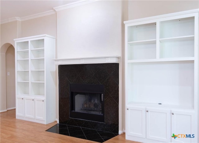 1935 Grandview Dr, Salado, TX 76571 - detailed view of a fireplace with flush hearth, crown molding, arched walkways, and wood finished floors
