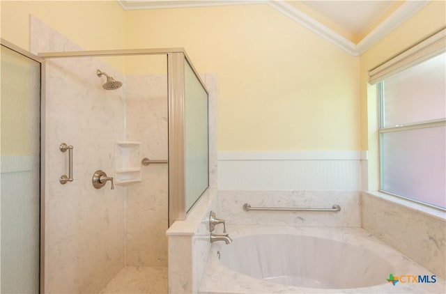 1935 Grandview Dr, Salado, TX 76571 - bathroom with a shower stall, a garden tub, healthy amount of natural light, and ornamental molding