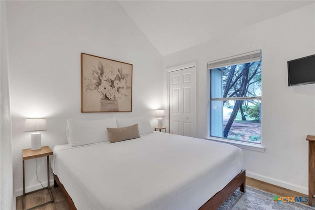 bedroom featuring vaulted ceiling, wood finished floors, and baseboards