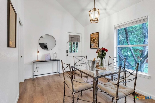 dining space with lofted ceiling, light wood-style flooring, plenty of natural light, and baseboards