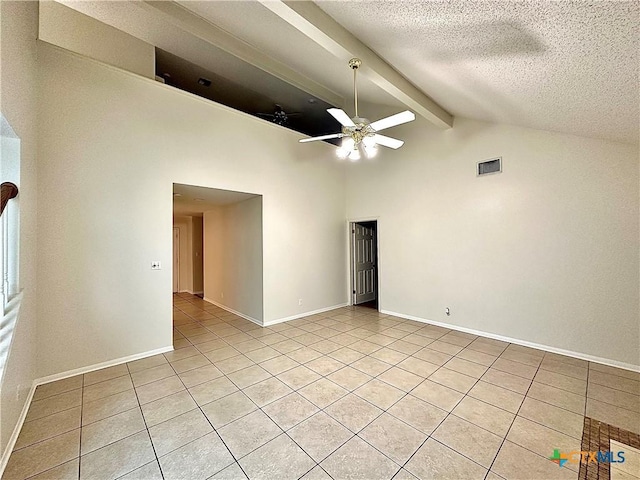 tiled spare room featuring lofted ceiling with beams, ceiling fan, and a textured ceiling