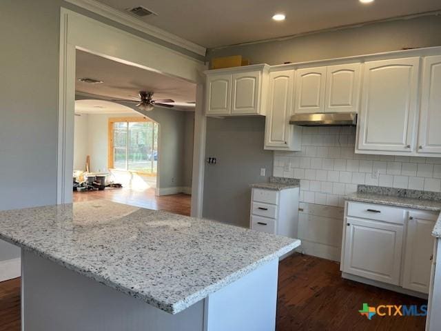 kitchen featuring white cabinets, light stone counters, ceiling fan, decorative backsplash, and dark wood-type flooring