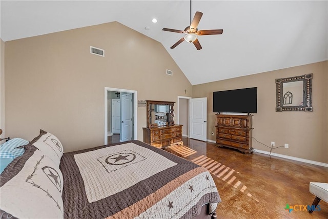 bedroom featuring baseboards, visible vents, high vaulted ceiling, and concrete flooring