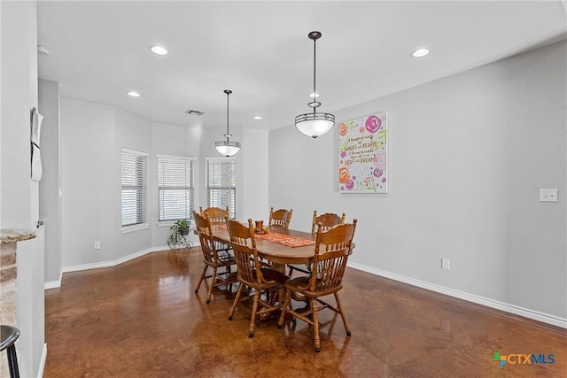 dining room with recessed lighting, concrete floors, visible vents, and baseboards