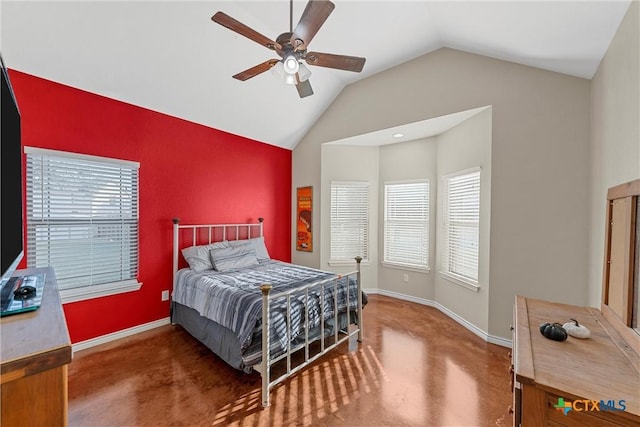 bedroom with vaulted ceiling, baseboards, a ceiling fan, and multiple windows