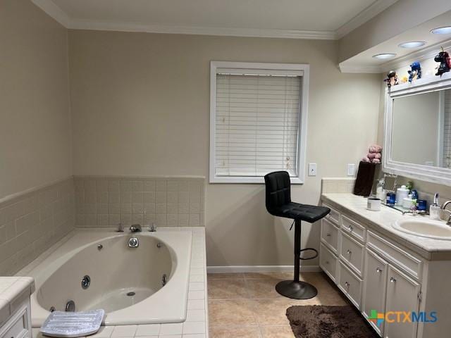 bathroom featuring vanity, tiled bath, tile patterned floors, and crown molding