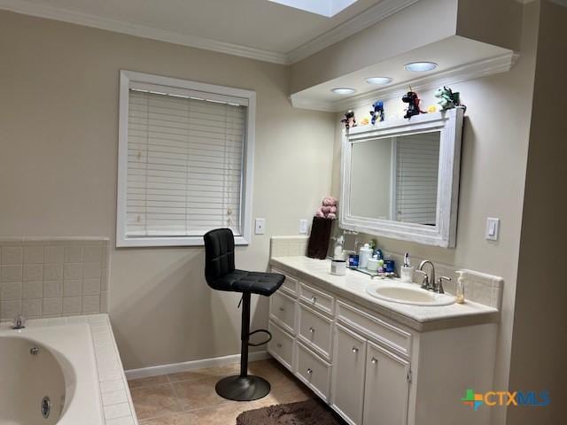 bathroom with crown molding, tile patterned flooring, a skylight, vanity, and tiled bath