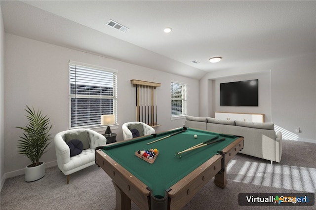 recreation room with visible vents, billiards, baseboards, and carpet floors