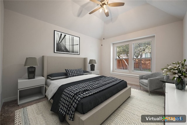 bedroom with baseboards, lofted ceiling, carpet, and a ceiling fan