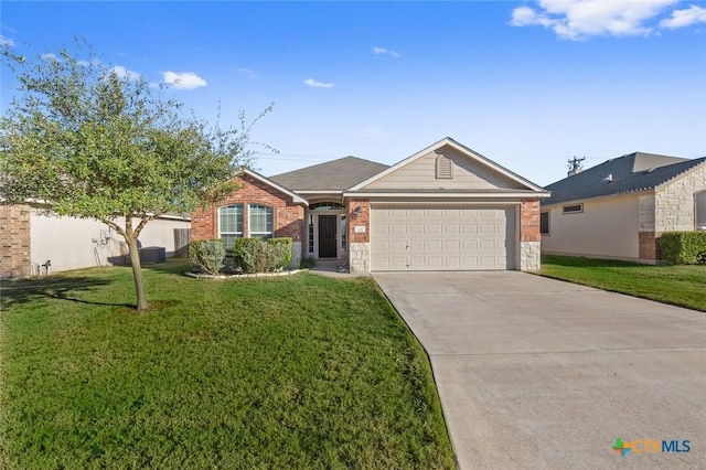 ranch-style home with brick siding, concrete driveway, a garage, stone siding, and a front lawn