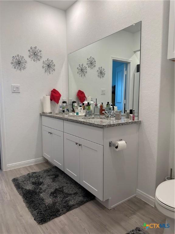 bathroom with vanity, hardwood / wood-style floors, and toilet