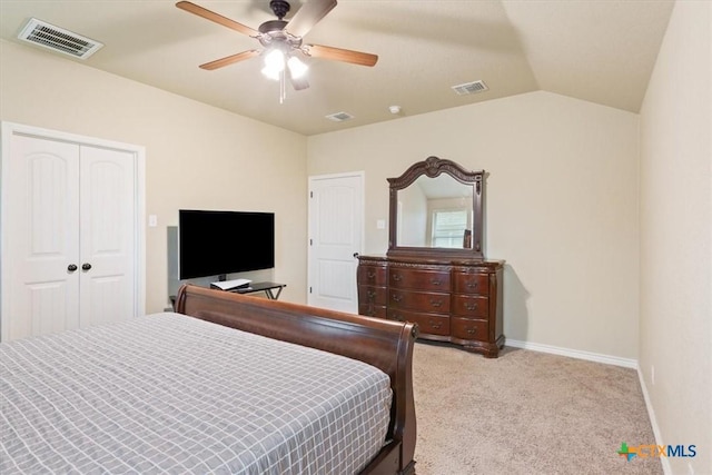 4004 Brookside Dr, Killeen, TX 76542 - bedroom with light colored carpet, vaulted ceiling, ceiling fan, and a closet