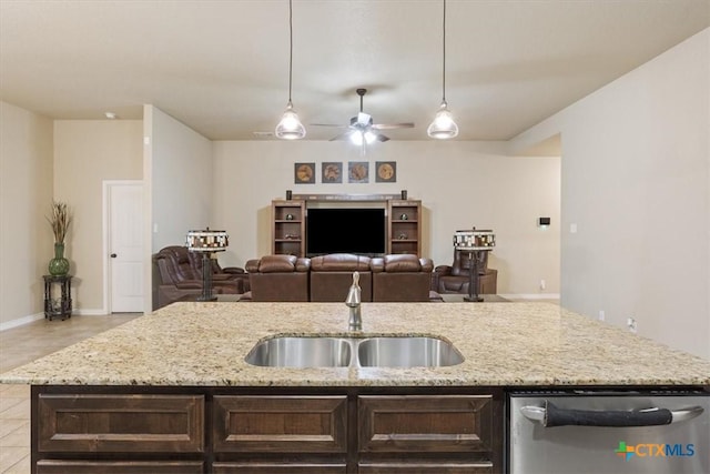 4004 Brookside Dr, Killeen, TX 76542 - kitchen featuring dishwasher, ceiling fan, dark brown cabinets, open floor plan, and light stone counters