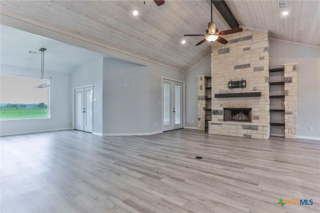 916 Stone Rd, Temple, TX 76501 - unfurnished living room featuring wood finished floors, a fireplace, baseboards, ceiling fan, and wooden ceiling