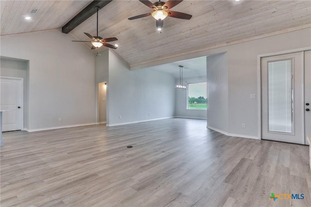 916 Stone Rd, Temple, TX 76501 - unfurnished living room featuring baseboards, light wood finished floors, wood ceiling, ceiling fan with notable chandelier, and beamed ceiling