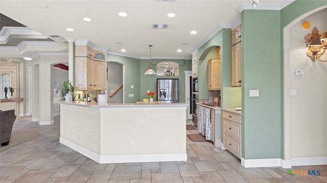 kitchen with kitchen peninsula, stainless steel refrigerator with ice dispenser, crown molding, and pendant lighting