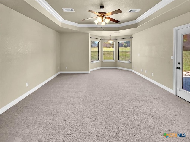 spare room featuring carpet flooring, a raised ceiling, and ornamental molding