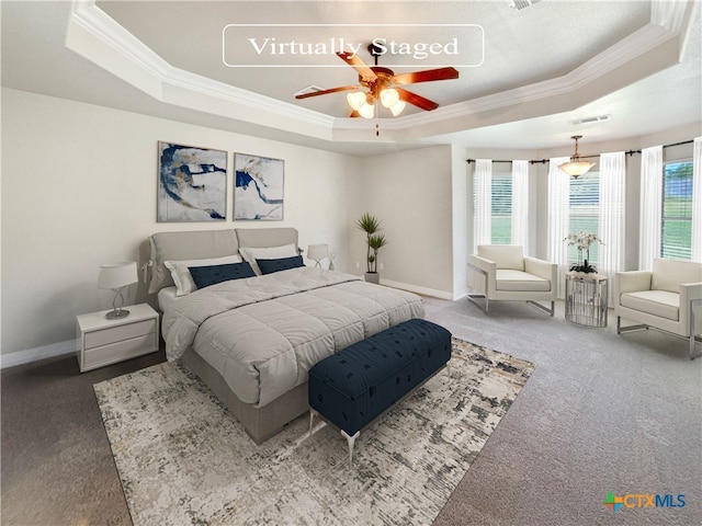 bedroom with a raised ceiling and multiple windows