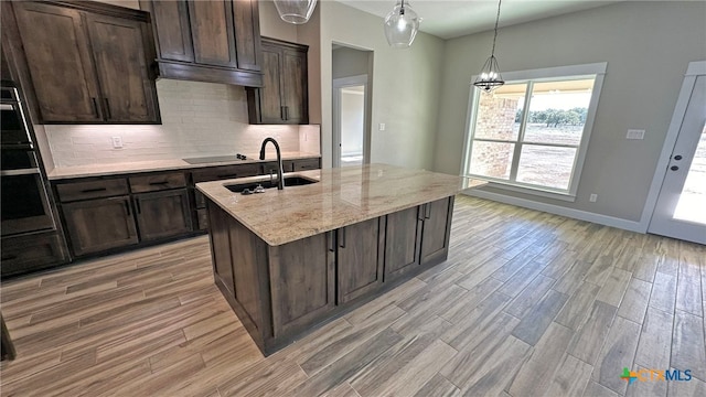 kitchen with a kitchen island with sink, light wood-type flooring, sink, and light stone counters