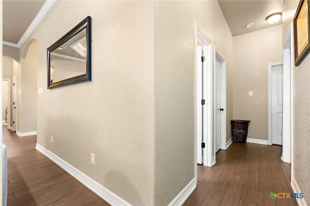 corridor featuring dark hardwood / wood-style flooring and crown molding