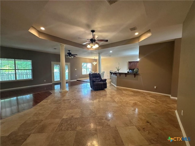 449 Rosehall Ln, Temple, TX 76504 - sitting room with ornate columns, a raised ceiling, ceiling fan, and recessed lighting