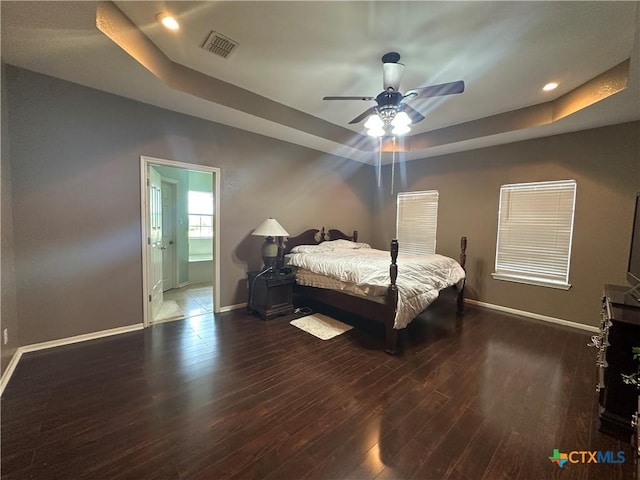 449 Rosehall Ln, Temple, TX 76504 - bedroom with a raised ceiling, wood finished floors, recessed lighting, and a ceiling fan