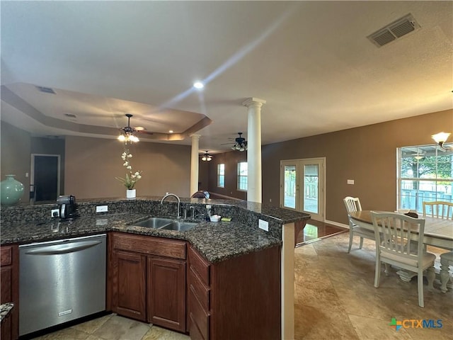 449 Rosehall Ln, Temple, TX 76504 - kitchen with dishwasher, a ceiling fan, ornate columns, and dark stone countertops
