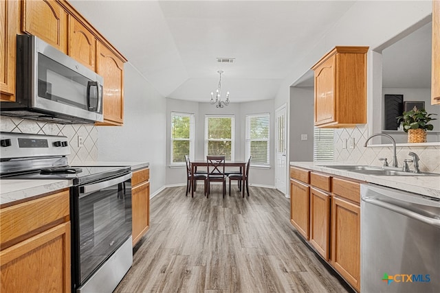 kitchen with backsplash, appliances with stainless steel finishes, sink, and light wood-type flooring