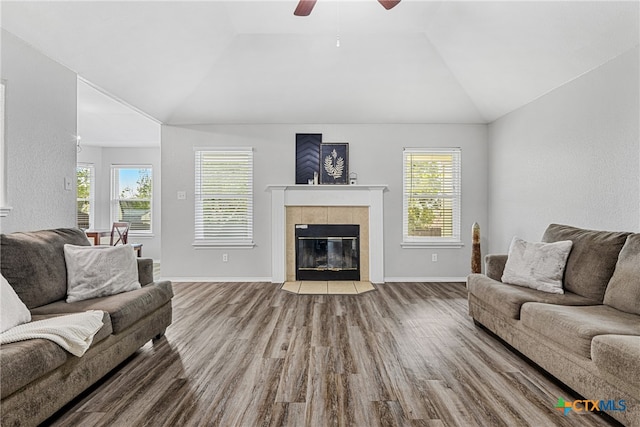 living room with a fireplace, lofted ceiling, hardwood / wood-style floors, and plenty of natural light