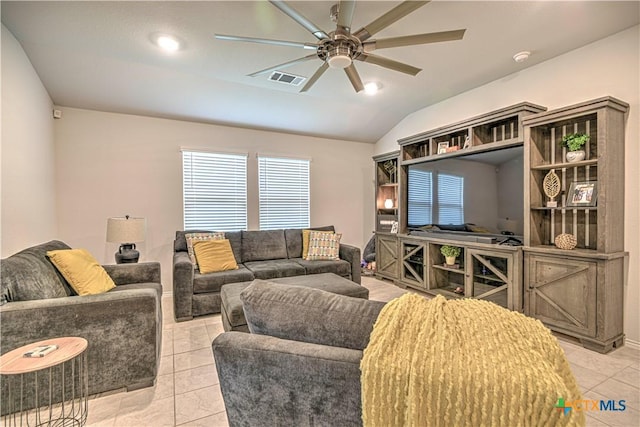 4001 Arafel Ln, Killeen, TX 76542 - living area with lofted ceiling, ceiling fan, and light tile patterned floors