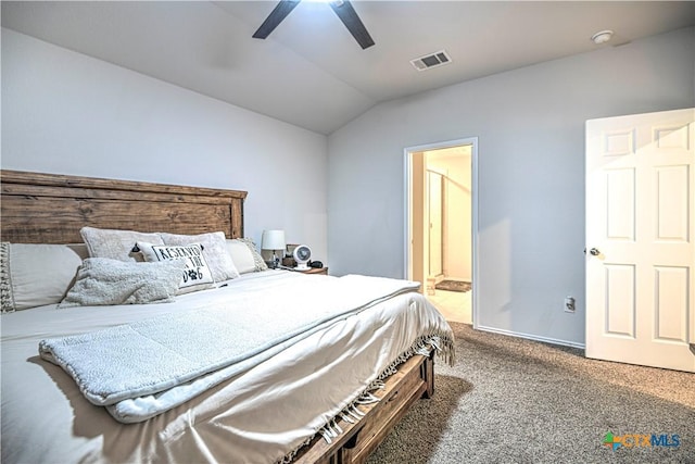 4001 Arafel Ln, Killeen, TX 76542 - bedroom featuring vaulted ceiling, visible vents, carpet, ceiling fan, and ensuite bath