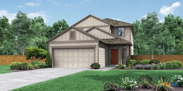 view of front of home featuring roof with shingles, concrete driveway, a front yard, and fence