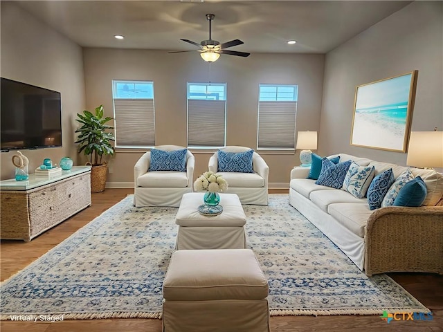 777 N Academy Ave, New Braunfels, TX 78130 - living room with wood finished floors, baseboards, ceiling fan, and recessed lighting