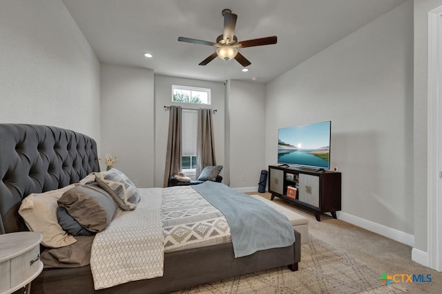 carpeted bedroom with baseboards, ceiling fan, and recessed lighting