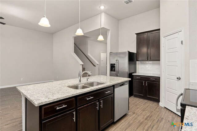 kitchen featuring an island with sink, stainless steel appliances, hanging light fixtures, and sink