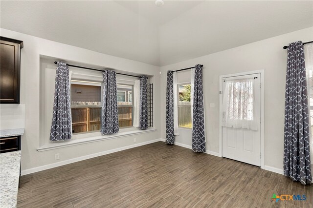 interior space featuring lofted ceiling and dark wood-type flooring