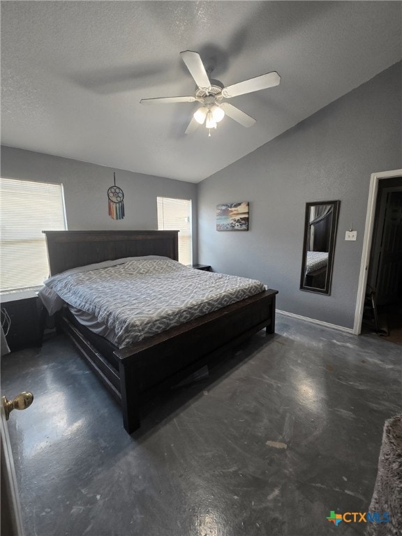 2814 Blackburn Dr, Killeen, TX 76543 - bedroom featuring concrete flooring, multiple windows, a textured ceiling, lofted ceiling, and ceiling fan