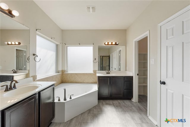 bathroom featuring two vanities, a sink, a bath, and a shower stall